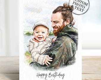 Custom Dad Portrait Photo Gifts, Personalised Daddy Birthday Card From Daughter, Son, Dog, Cat