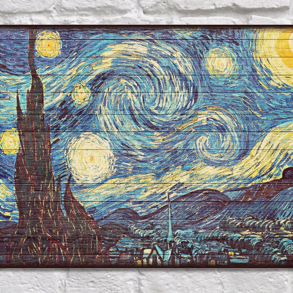 Vincent Van Gogh print Wood wall art Starry night print Gift for Women Gift for Men gift for her Gift for him panel effect wood wall decor