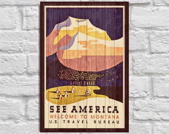 Art Deco travel poster wood art See America Wood wall art WPA Travel Gift Birthday gift for Women Panel effect Wood art Print