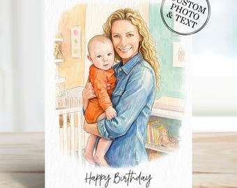 Custom Mum Portrait Photo Gifts, Personalised Happy Mummy Birthday Card From Daughter, Son, Pet