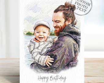 Custom Dad Portrait Photo Gifts, Personalised Daddy Birthday Card From Daughter, Son, Dog, Cat