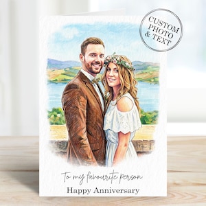 Celebrate your love with a one-of-a-kind Custom Portrait Anniversary Card for him or her. The best personalized card gift for couples, husbands, wives, and parents. Make your anniversary truly special with these unique cards that capture your precious memories beautifully.