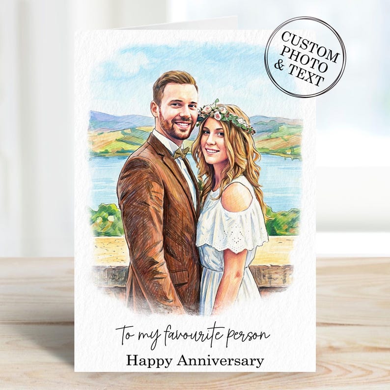 Celebrate your love with a one-of-a-kind Custom Portrait Anniversary Card for him or her. The best personalized card gift for couples, husbands, wives, and parents. Make your anniversary truly special with these unique cards that capture your precious memories beautifully.