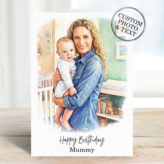 Custom Mum Portrait Photo Gifts, Personalised Happy Mummy Birthday Card From Daughter, Son, Pet