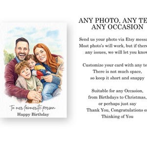 Looking for a special gift for a loved one? This custom portrait birthday card is the perfect choice! Personalize it for him or her - ideal for men like your husband, brother, or dad, and unique for women such as mum, wife, friend, or sister. Surprise them with a thoughtful and one-of-a-kind card they'll cherish forever.