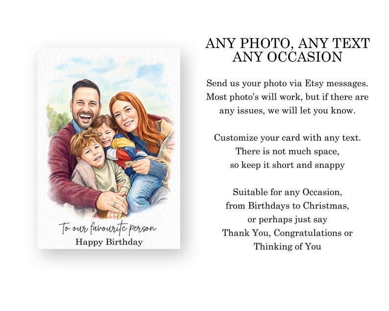 Looking for a special gift for a loved one? This custom portrait birthday card is the perfect choice! Personalize it for him or her - ideal for men like your husband, brother, or dad, and unique for women such as mum, wife, friend, or sister. Surprise them with a thoughtful and one-of-a-kind card they'll cherish forever.