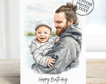 Custom Dad Portrait Photo Gifts, Personalised Daddy Birthday Card From Daughter, Son, Dog, Cat
