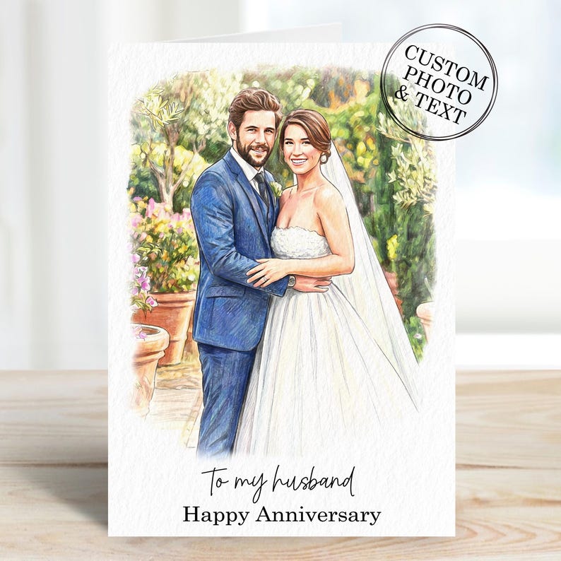 Celebrate your soulmate with a one-of-a-kind Custom Portrait Wedding Anniversary Card for him or her. The perfect personalized card gift for couples, husbands, wives, and parents. Make your wedding anniversary truly special with these bespoke cards that capture your precious memories beautifully.