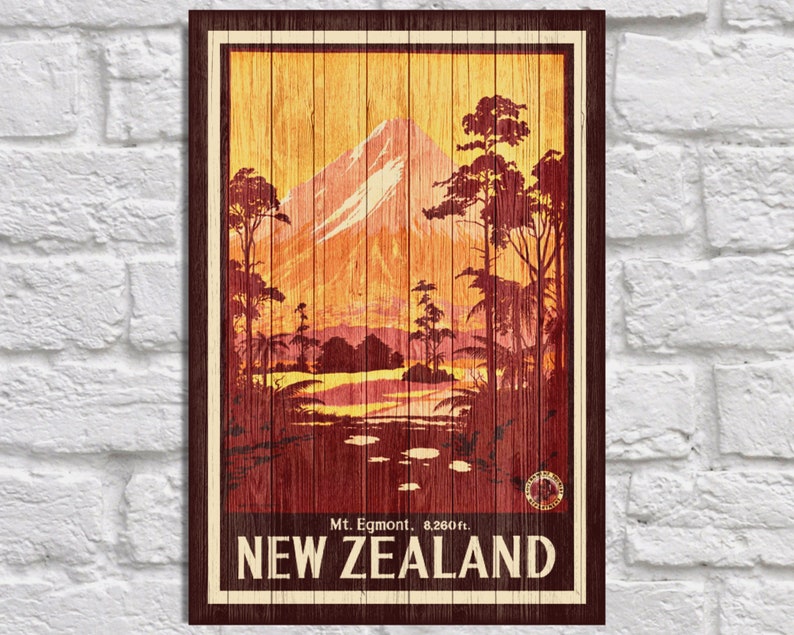 New Zealand Travel Poster Wood Wall Art Decor Retro Gift Birthday For Men Panel Effect Print