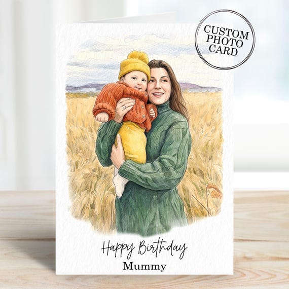 Custom Mum Portrait Photo Gifts, Personalised Happy Mummy Birthday Card From Daughter, Son, Pet
