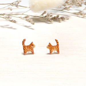 Tiny Brown Cat Earrings, Cat Stud Earrings, orange cat earrings, polymer clay cat, cat sculpture, miniature cat, cat lover gifts