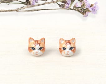 Orange Cat Earrings, Cat Stud Earrings, polymer clay cat, cat sculpture, cat lover gifts