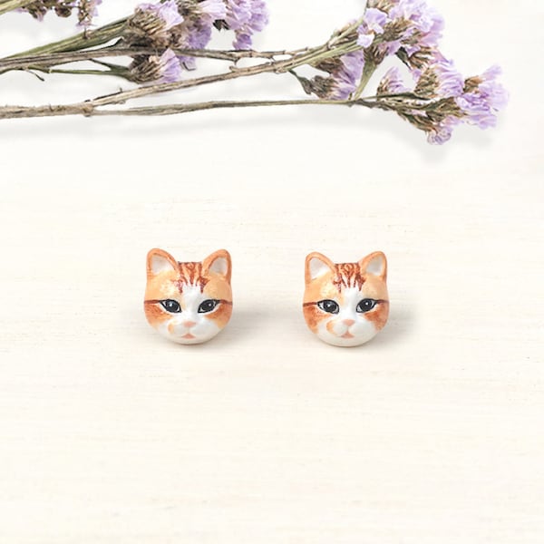 Orange Cat Earrings, Cat Stud Earrings, polymer clay cat, cat sculpture, cat lover gifts