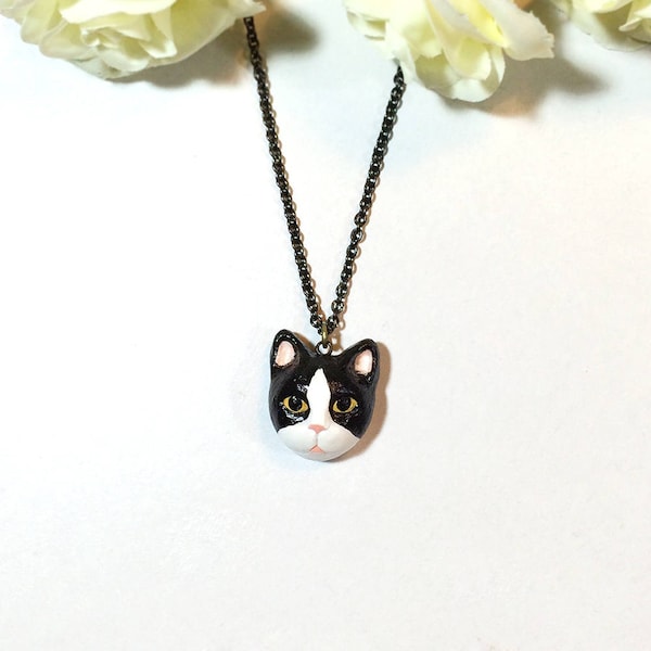 Tuxedo Cat necklace, Black Cat necklace, Black cat pendant, Tuxedo Cat pendant, polymer clay cat, cat sculpture, cat lover gifts