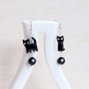 Black Cat Earrings, Dangle & Drop Earrings, Black Cat Drop Earrings, Black Cat Dangle Earrings, Polymer Clay Cat Earrings, Cat Lover Gift