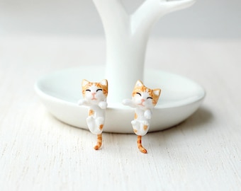 Orange Cat Earrings, Cat Stud Earrings, Two Piece Earrings, Two Part Earrings, Cat clinging earrings, Cat gauges, Cat plugs