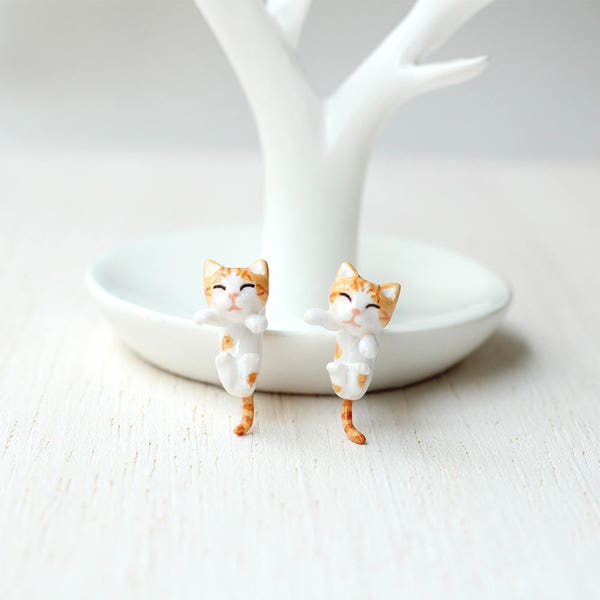 Orange Cat Earrings, Cat Stud Earrings, Two Piece Earrings, Two Part Earrings, Cat clinging earrings, Cat gauges, Cat plugs