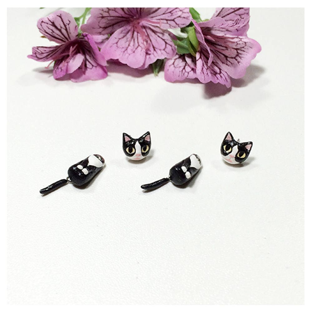 Tuxedo Cat Earrings Cat Stud Earrings Two Piece Earrings Etsy