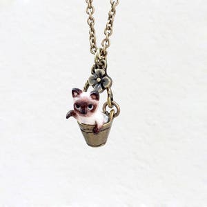 Tiny Siamese Cat in the bucket necklace, Cat Pendant, miniature cat, polymer clay cat, cat sculpture, cat lover gifts