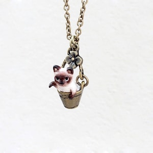 Tiny Siamese Cat in Bucket necklace, Tiny Siamese Cat Necklace, Siamese Cat Pendant, Miniature Cat Necklace, Unique Jewelry, Cat lover gift