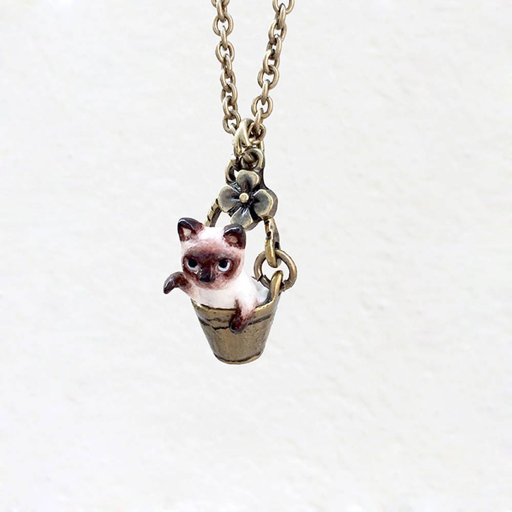 Tiny Siamese Cat in the Bucket Necklace Cat Pendant Etsy
