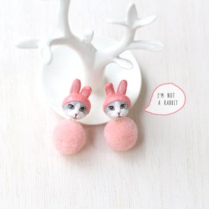Pink Rabbit Cat Stud Earrings with Pom Pom, Pink Bunny Cat Earrings, Rabbit Earrings, Pom Pom Earrings, Polymer Clay Cat, Cat Lover Gift