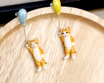 Boucles d'oreilles chat orange avec ballon - Collection chat ballon, boucles d'oreilles pendantes et pendantes, boucles d'oreilles chat orange, boucles d'oreilles chat ballon