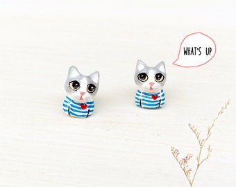 Cool cat wearing blue striped shirt earrings, Cat Stud Earrings, polymer clay cat, cat sculpture, grey cat earrings, cat lover gifts