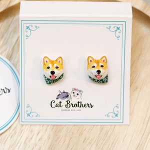Shiba Inu dog wearing the green scarf earrings, Dog Stud Earrings, Shiba Inu dog earrings, dog sculpture, dog lover gifts