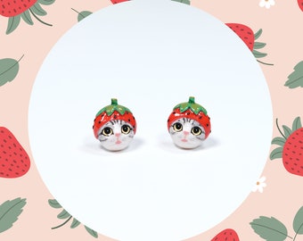 Strawberry Cat Earrings, Cat Stud Earrings, Strawberry Earrings, polymer clay cat, hand sculpted, cat sculpture, cat lover gifts