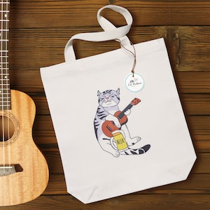 Cat playing guitar Tote Bag (small size), Eco bag, Natural cotton tote bag, Canvas tote bag, Cat tote bag, Beach bag, Funny Cat bag
