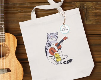 Cat playing guitar Tote Bag (small size), Eco bag, Natural cotton tote bag, Canvas tote bag, Cat tote bag, Beach bag, Funny Cat bag