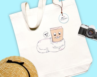 Katze trägt Papiertüte Tragetasche (kleine Größe), Öko-Tasche, natürliche Baumwolle Tragetasche, Canvas Tragetasche, Katze Tragetasche, Strandtasche, lustige Katzentasche