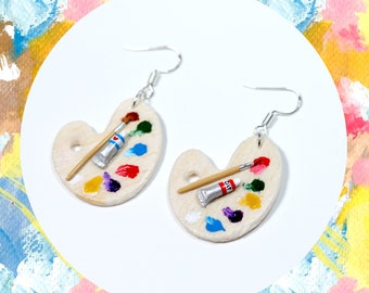 Color plate Earrings, Color plate and brush miniature, Dangle & Drop Earrings, polymer clay miniature