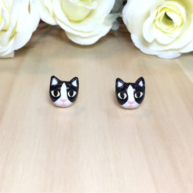 Tuxedo Cat Earrings Cat Stud Earrings Black Cat Earrings Etsy
