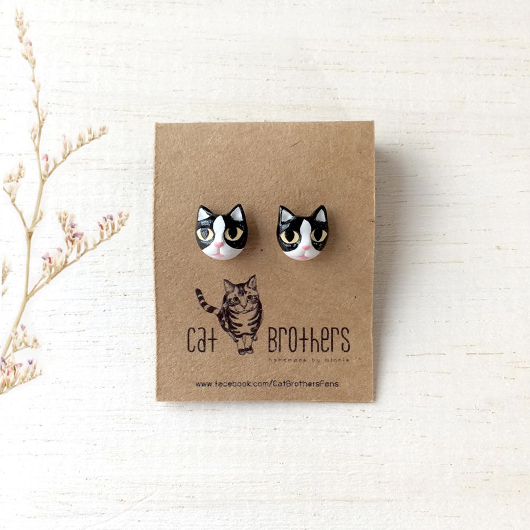 Tuxedo Cat Earrings, Cat Stud Earrings, Black Cat Earrings, Polymer