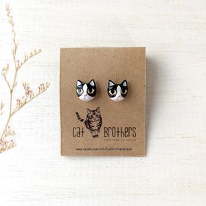 Tuxedo Cat Earrings, Cat Stud Earrings, black cat earrings, polymer clay cat, cat sculpture, cat lover gifts