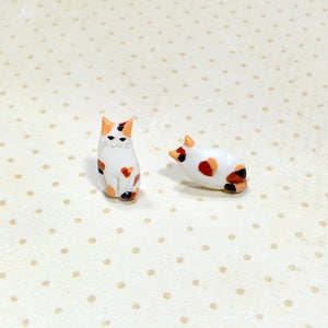 Tiny Calico Cat Earrings, Cat Stud Earrings, polymer clay cat, cat sculpture, cat lover gifts