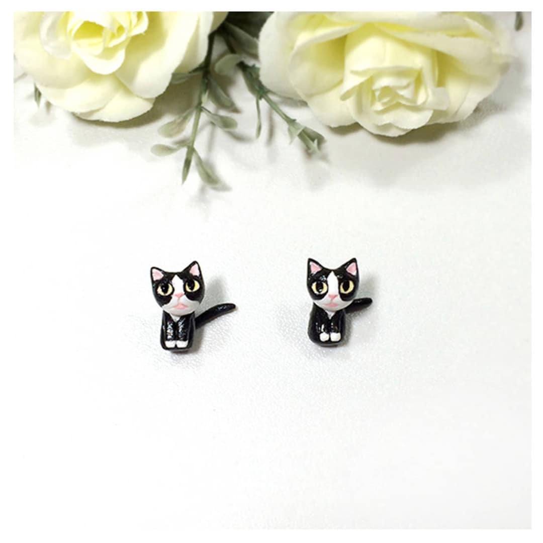 Tuxedo Cat Earrings, Cat Stud Earrings, Two Piece Earrings, Two Part