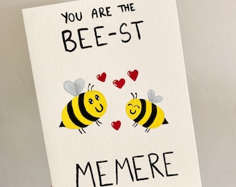 Hand painted greeting card, blank card, animal bee pun, kawaii art, cute card,