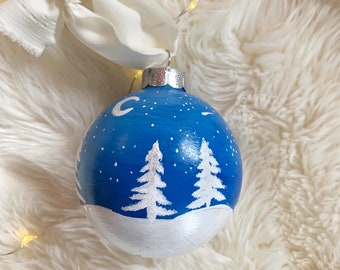 Hand Painted Christmas Ornament: Blue Winter Scene, Boho Tree Decor