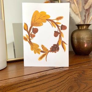Cartão pintado à mão, cartão sazonal de férias, coroa de outono, boho, mínimo, aquarela