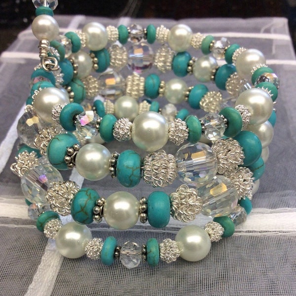White Silver bracelet, Turquoise bracelets, Crystal Wrap Bracelet, pearl wrap bracelet, Bridal jewelry, gifts for her, Memory Wrap Jewelry