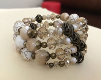 Beige Bracelets, White wrap bracelets, gifts for her, Hand Beaded Jewelry, Mother's Day gifts, Crystal jewelry, Boho Bracelets