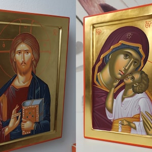 Two pair icons:Mother of God and Jesus Christ,Hand Painted Icons,Handmade icons.Byzantine icons.