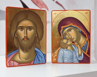 Two pair icons:Mother of God and Jesus Christ,Hand Painted Icons,Wedding Gift.