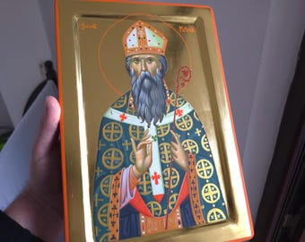Saint Patrick,Icône byzantine,Icône orthodoxe,Iconographie,Icône peinte à la main,Cadeau religieux,Peinture chrétienne,Or 24 carats.