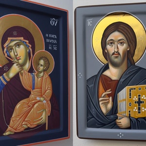 Two pair icons:Mother of God and Jesus Christ,Hand Painted Icons,Handmade icons,Byzantine icons.