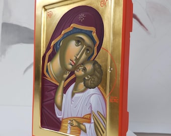 Handgemalte byzantinische Ikone: Mutter Gottes, Jesus Christus