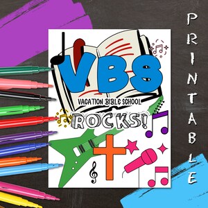 May include: A printable coloring page featuring the text "VBS Rocks!" with a guitar, microphone, cross, and musical notes. The text "Vacation Bible School" is also included.
